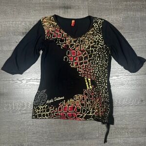 Apple Bottoms Womens 1X Y2K Black Gold Red Foil 3/4 Sleeve V-Neck Top Rhinestone